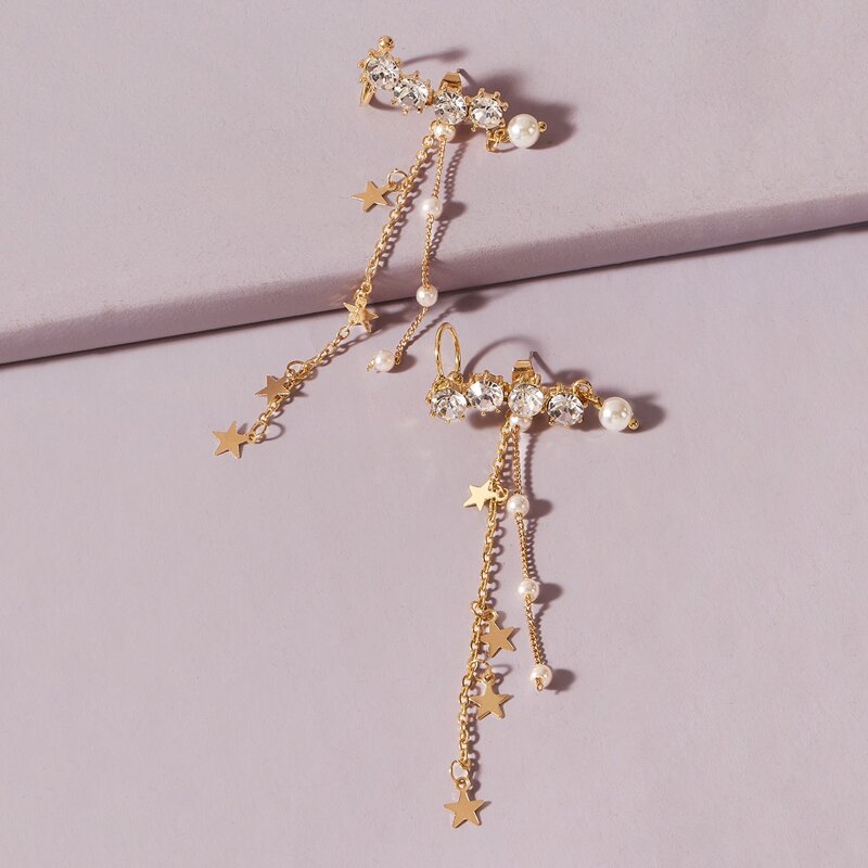 

1pair Rhinestone Engraved Star Tassel Decor Earring Jackets, Gold