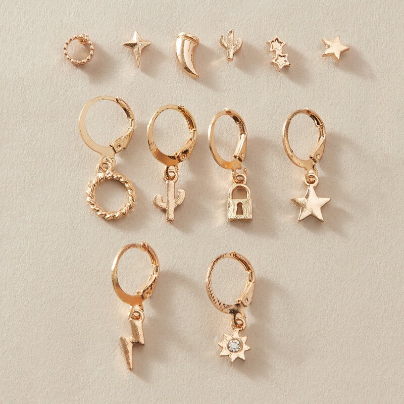 

12pcs Rhinestone Engraved Star & Lightning Charm Earrings, Gold