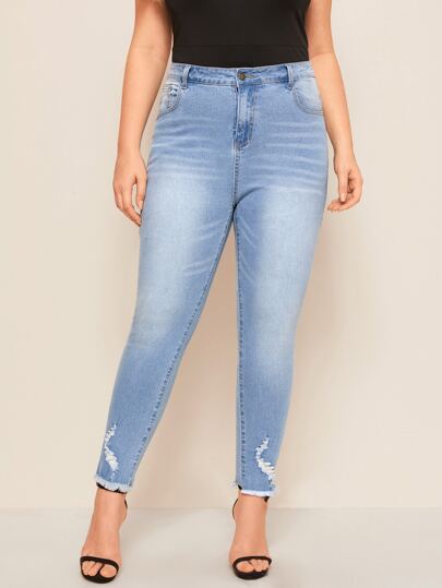 Plus Ripped Detail Raw Hem Skinny Jeans