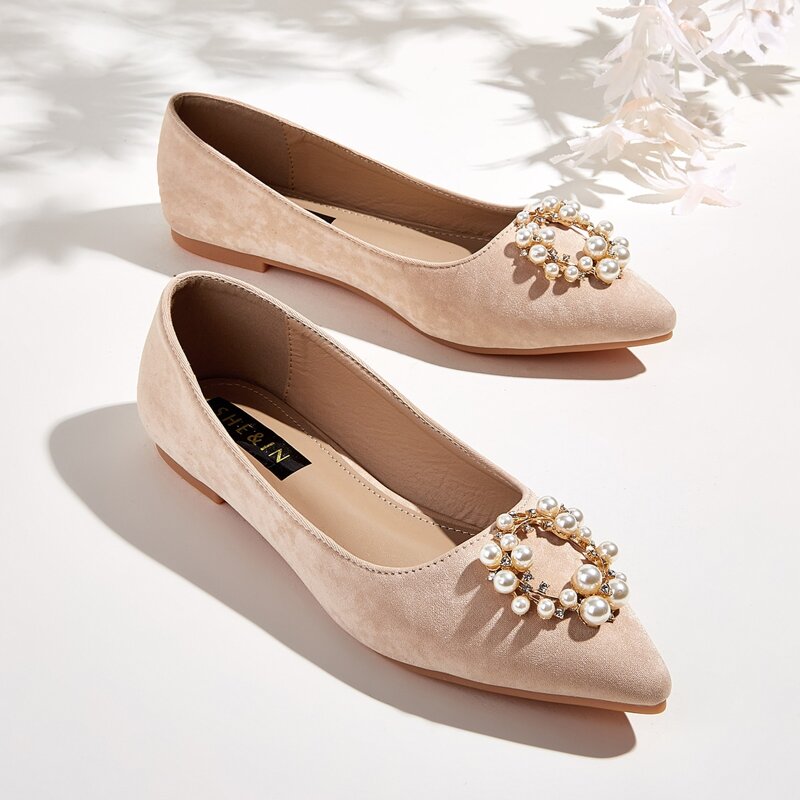 

Faux Pearl Decor Point Toe Flats, Apricot
