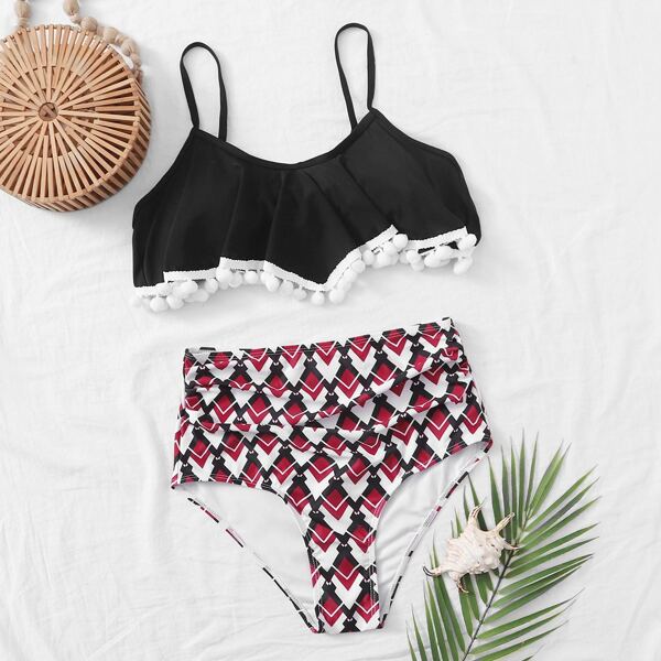

Geo Print Pom-pom Trim High Waisted Bikini Swimsuit, Multicolor