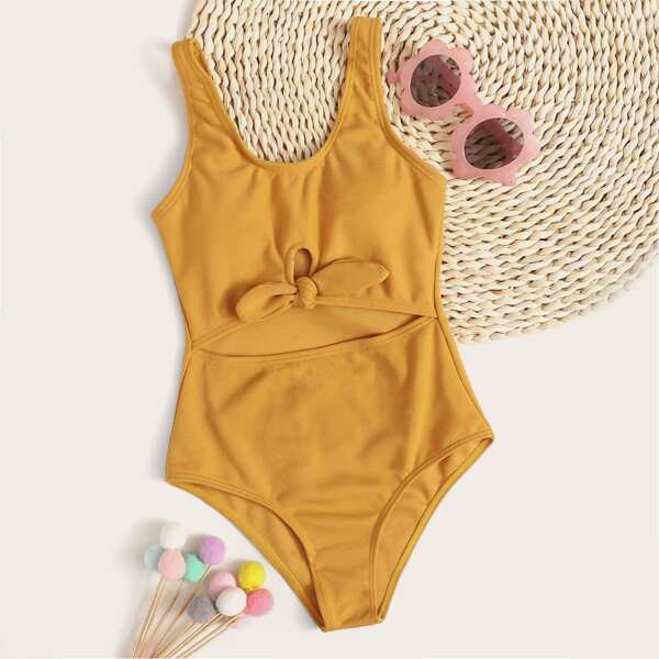 

Girls Cut-out Knot Front One Piece Swimsuit, Yellow
