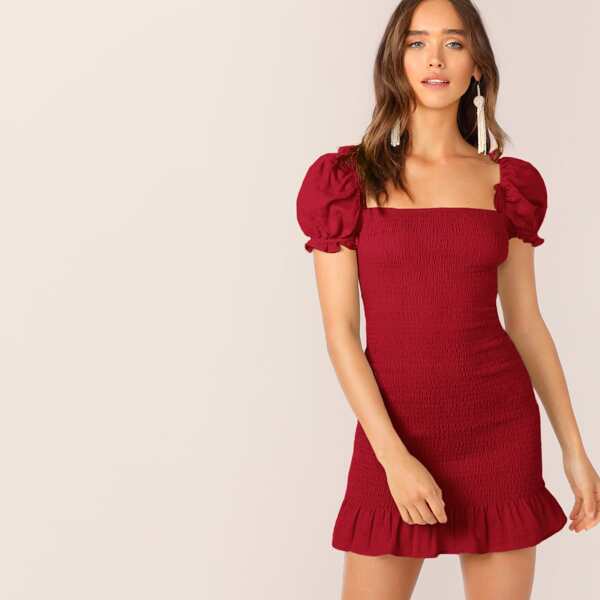 

Square Neck Puff Sleeve Ruffle Trim Shirred Dress, Burgundy