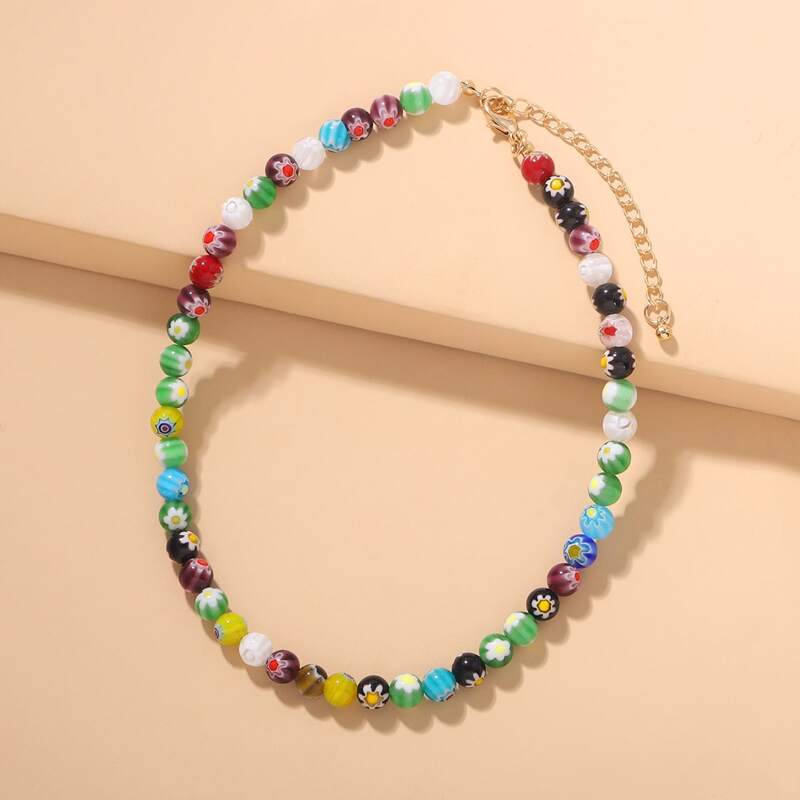 

1pc Floral Pattern Colorful Beaded Necklace, Multicolor