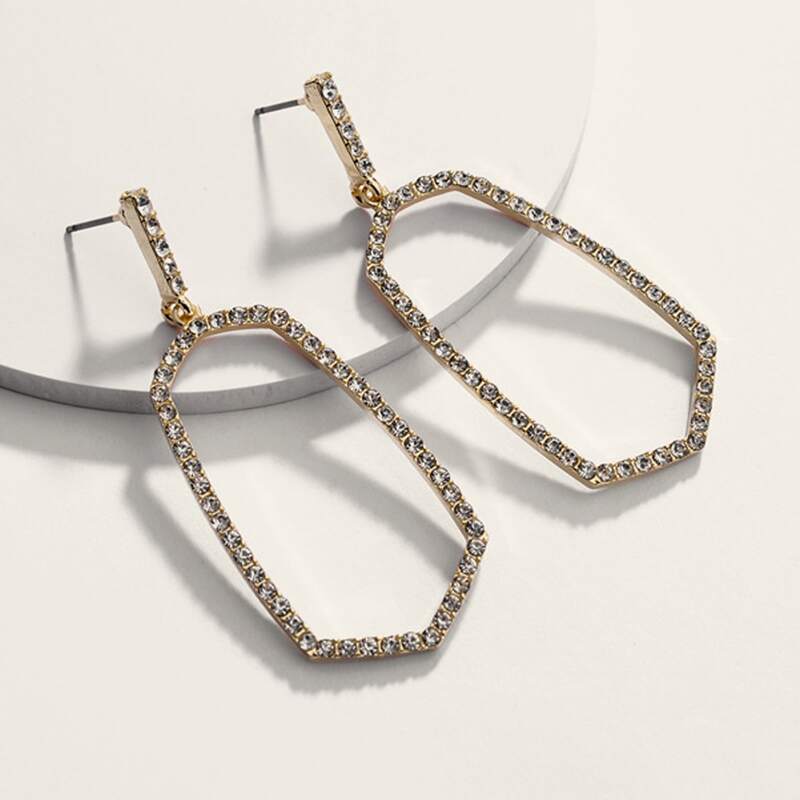 

1pair Rhinestone Engraved Geometric Drop Earrings, Gold