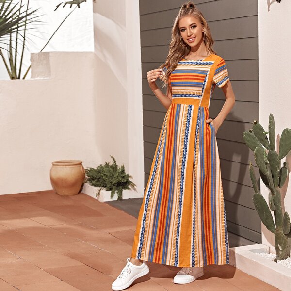 

Colorblock Random Striped Print Pocket Detail Dress, Multicolor