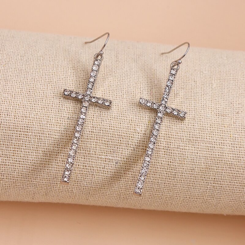 

1pair Rhinestone Engraved Cross Design Drop Earrings, Silver