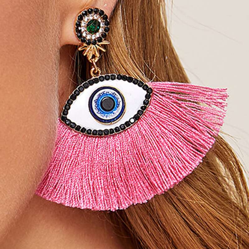 

1pair Evil Eye Design Tassel Decor Drop Earrings, Hot pink