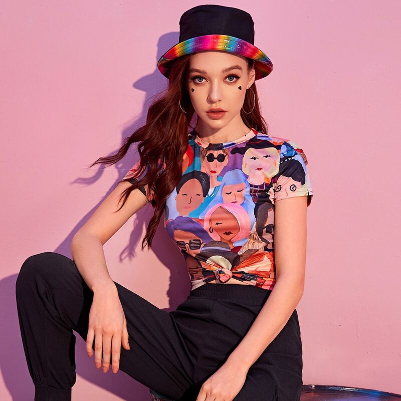 

Cap Sleeve Figure Graphic Tee, Multicolor