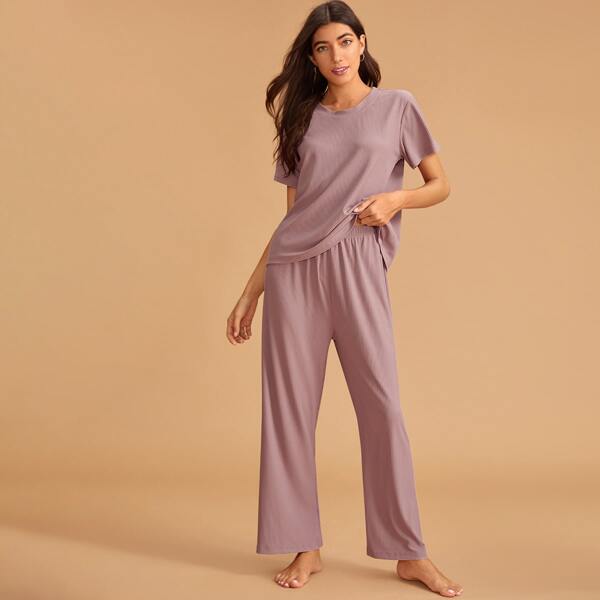 

Solid Rib-knit Tee & Pants PJ Set, Pink