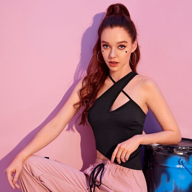 

Asymmetrical Hem Slim Halter Top, Black