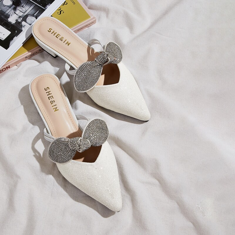 

Rhinestone Bow Decor Flat Mules, White
