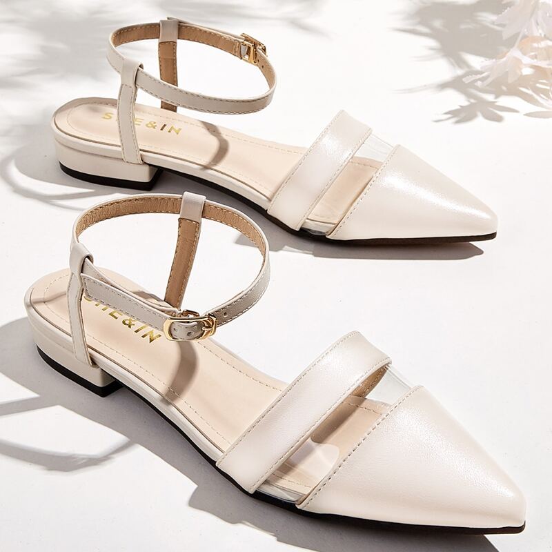 

Point Toe Ankle Strap Flats, Beige