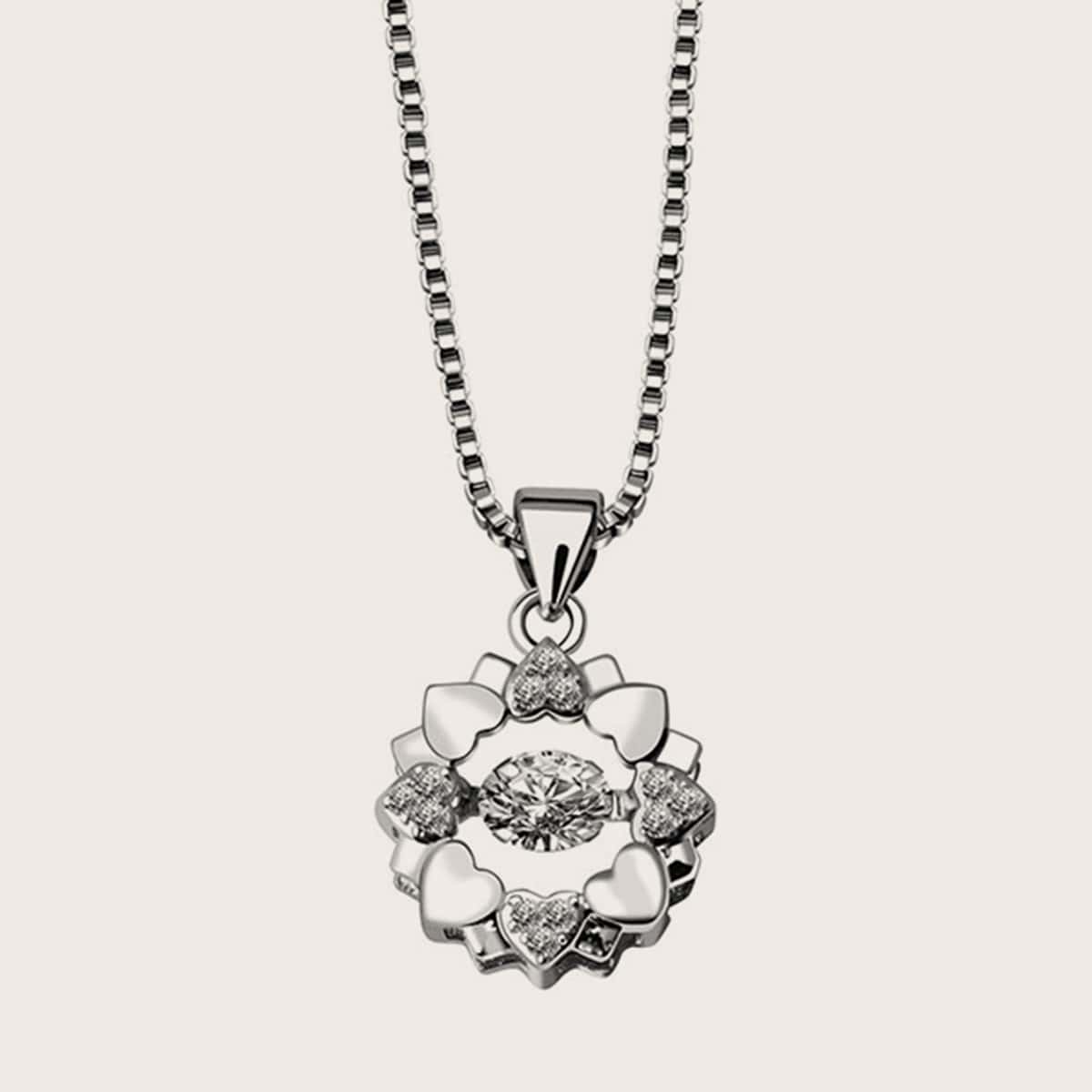 

1pc Rhinestone Engraved Heart Decor Necklace, Silver