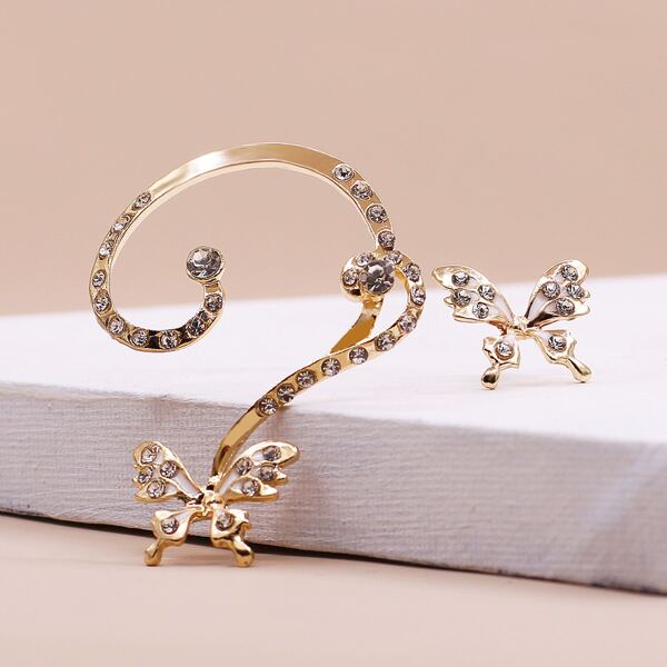 

1pair Rhinestone Engraved Butterfly Design Mismatched Earrings, Multicolor