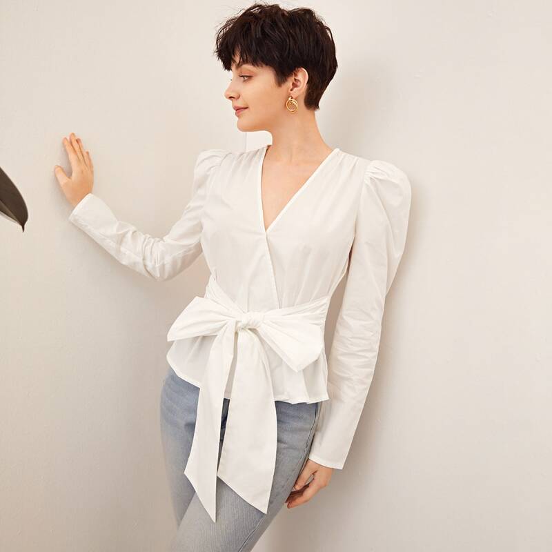 

Gigot Sleeve Belted Wrap Top, White