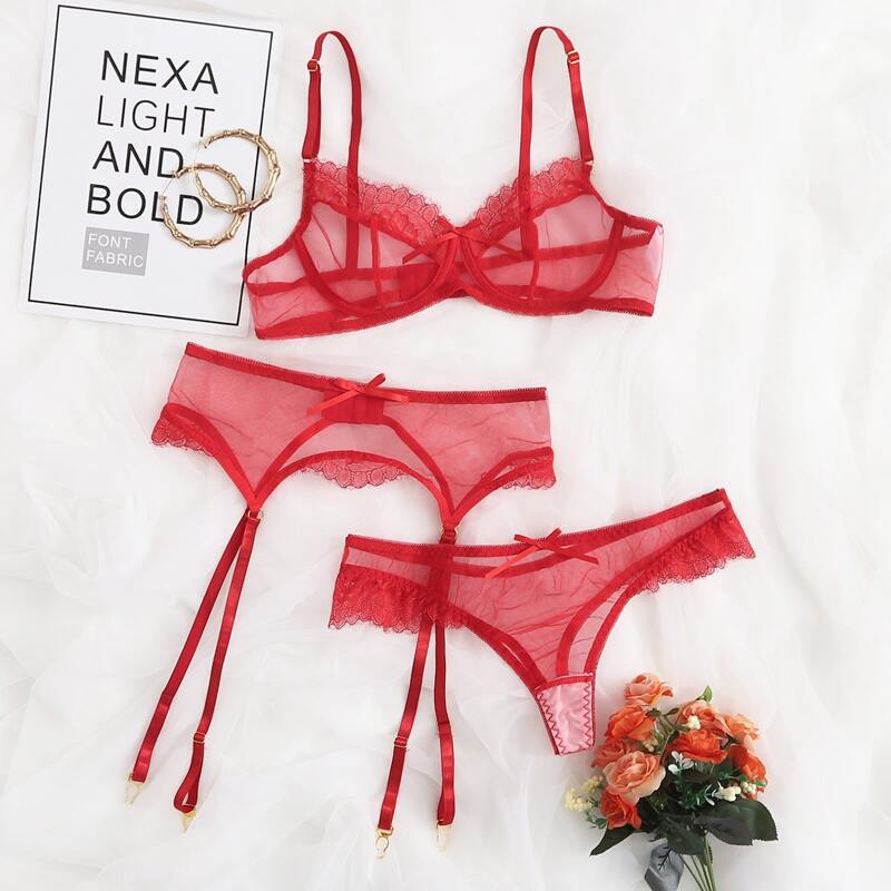 

Contrast Lace Mesh Underwire Garter Lingerie Set, Red