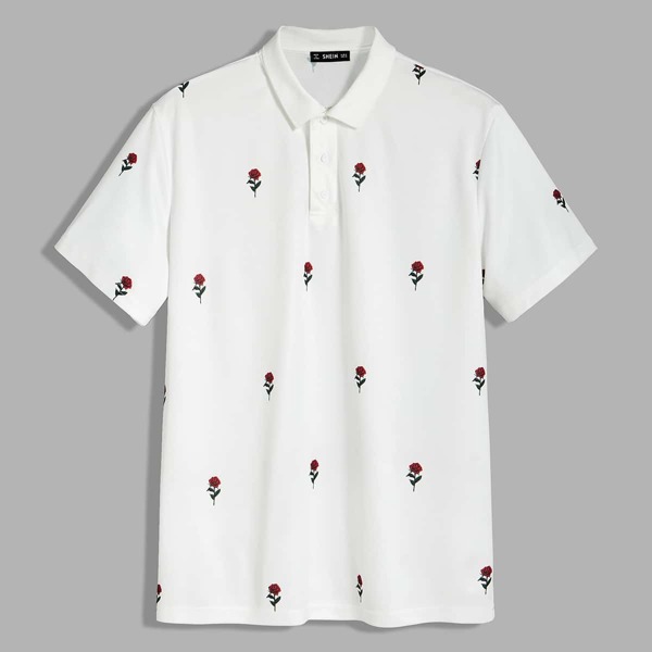 

Men Flower Print Polo Shirt, White