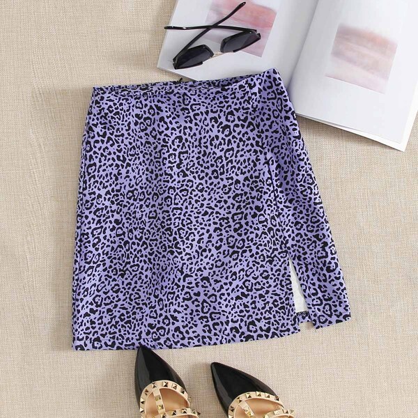 

Split Hem Zip Back Leopard Skirt, Purple