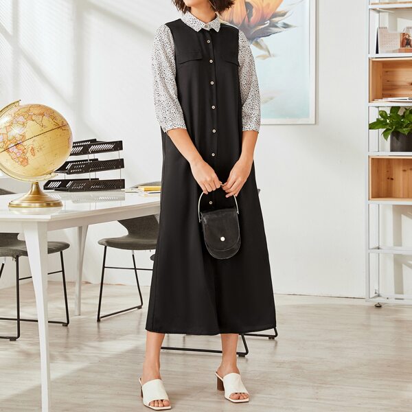 

Contrast Panel Dalmatian Print Shirt Dress, Black