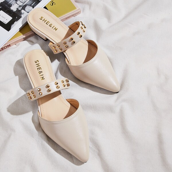 

Point Toe Studded Decor Flat Mules, Beige