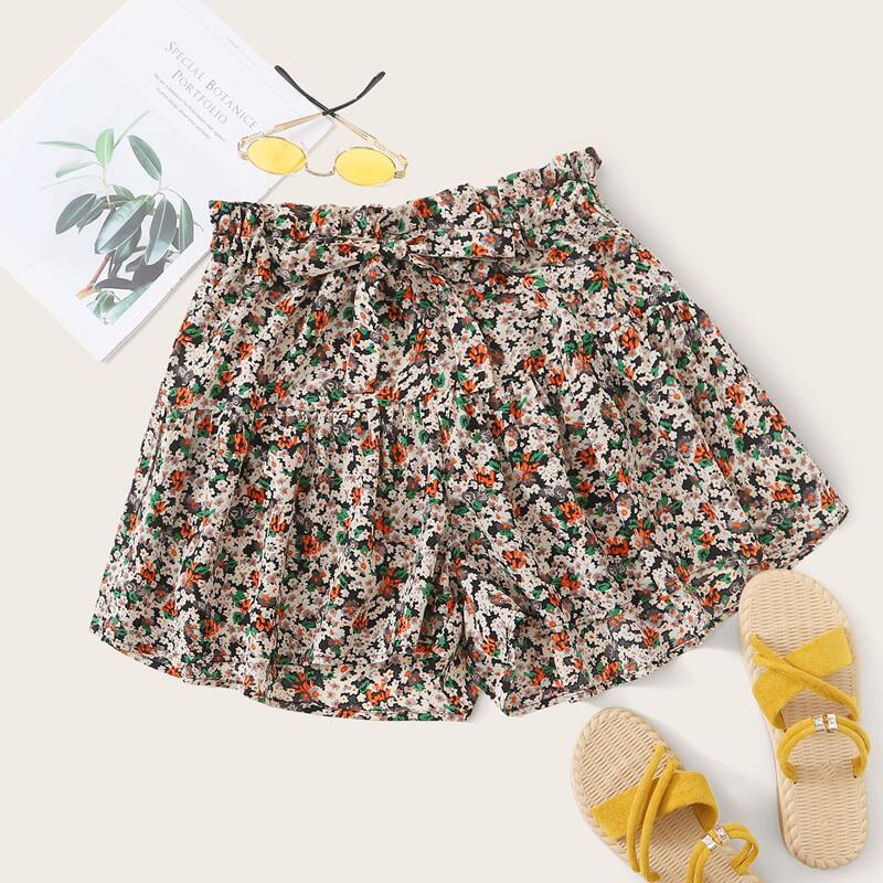 

Ditsy Floral Print Paperbag Waist Belted Shorts, Multicolor