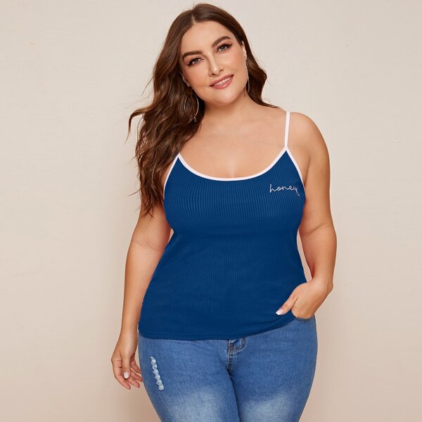 

Plus Embroidery Letter Rib-knit Ringer Cami Top, Blue