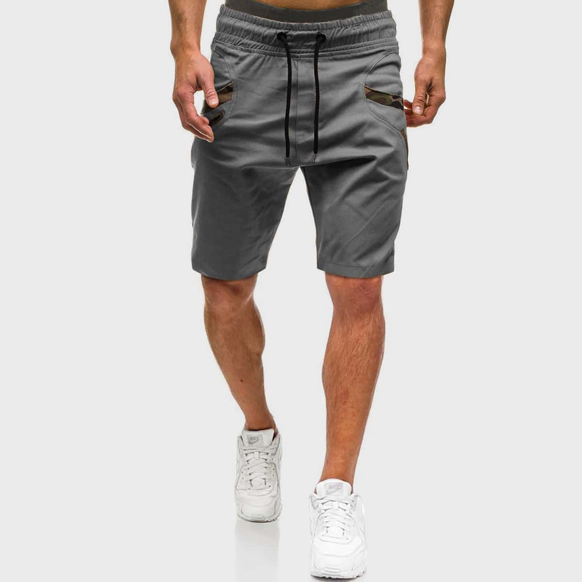 

Guys Contrast Camo Panel Drawstring Shorts, Grey