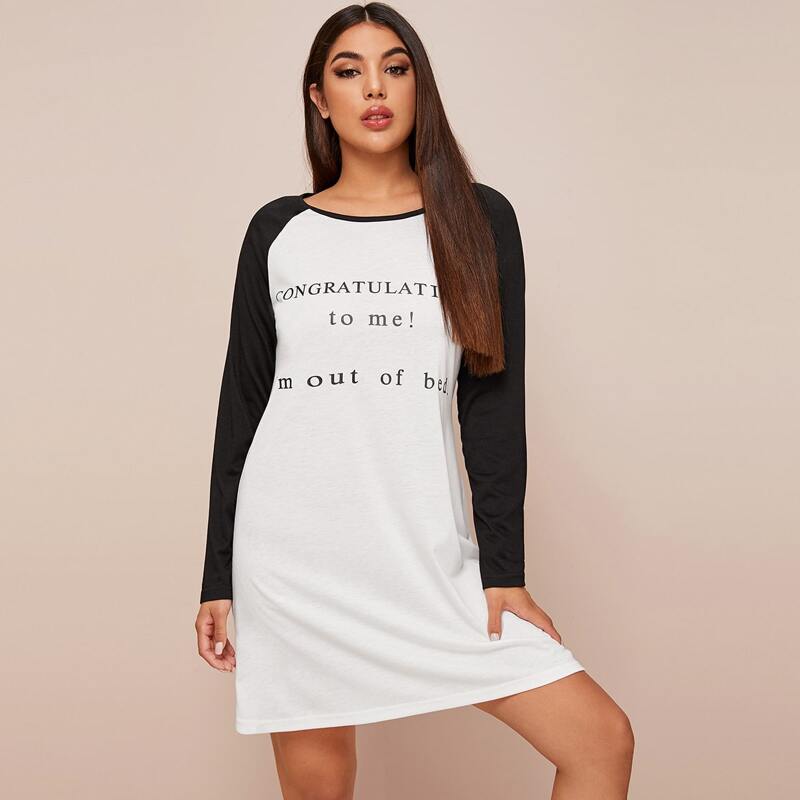 

Slogan Graphic Raglan Sleeve Dress, Black and white