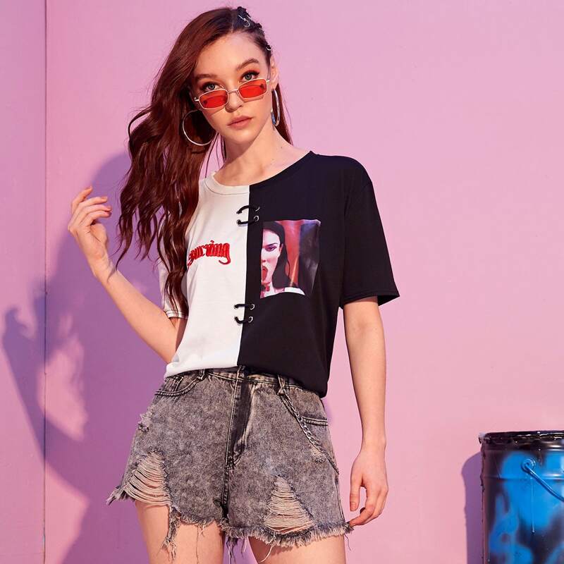

Colorblock Spliced Woman Graphic Tee, Black and white