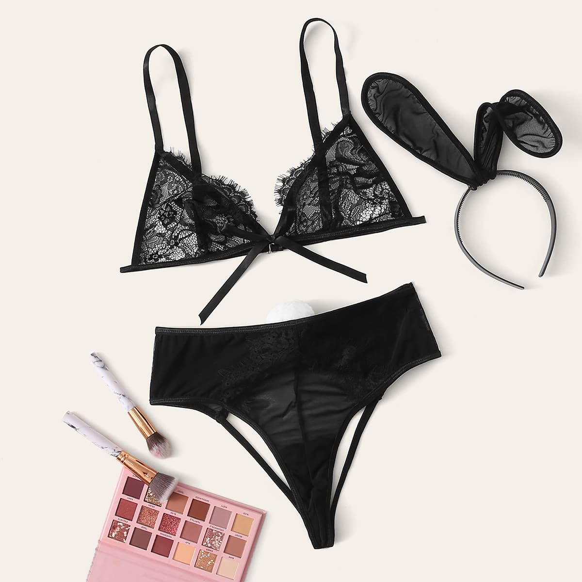 

Floral Lace Lingerie Set With Headband, Black
