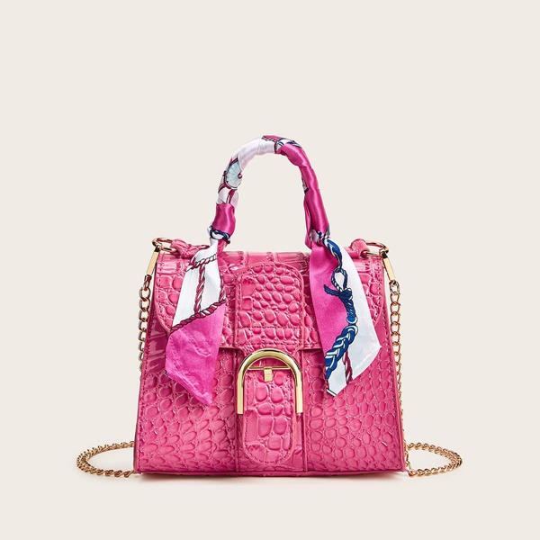 

Twilly Scarf Croc Embossed Satchel Bag, Pink