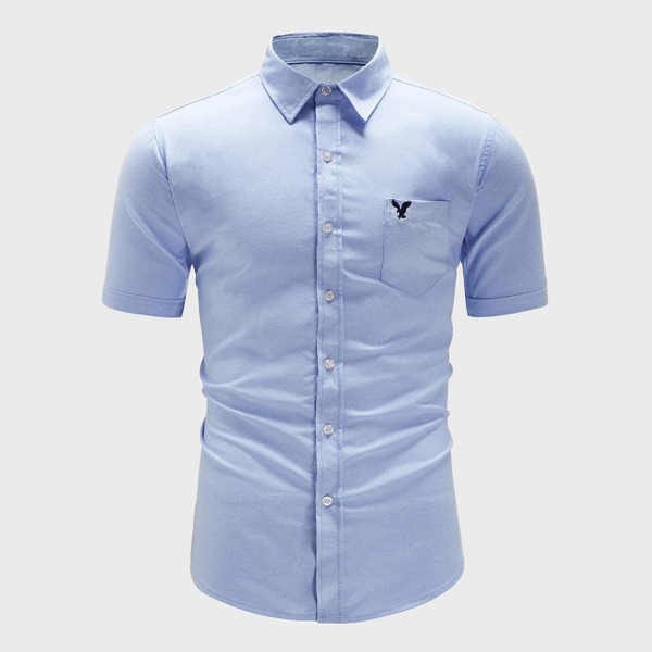 

Men Eagle Embroidered Button Through Shirt, Blue