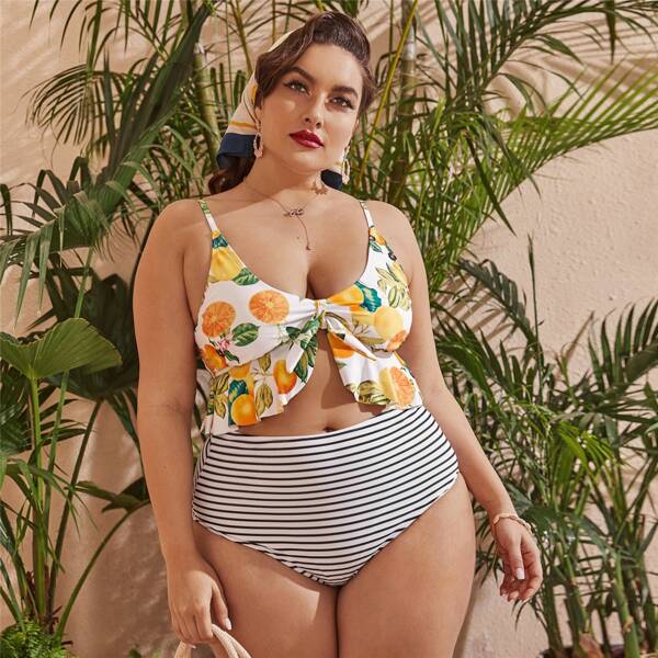 

Plus Fruit & Striped Print Ruffle Bikini Swimsuit, Multicolor