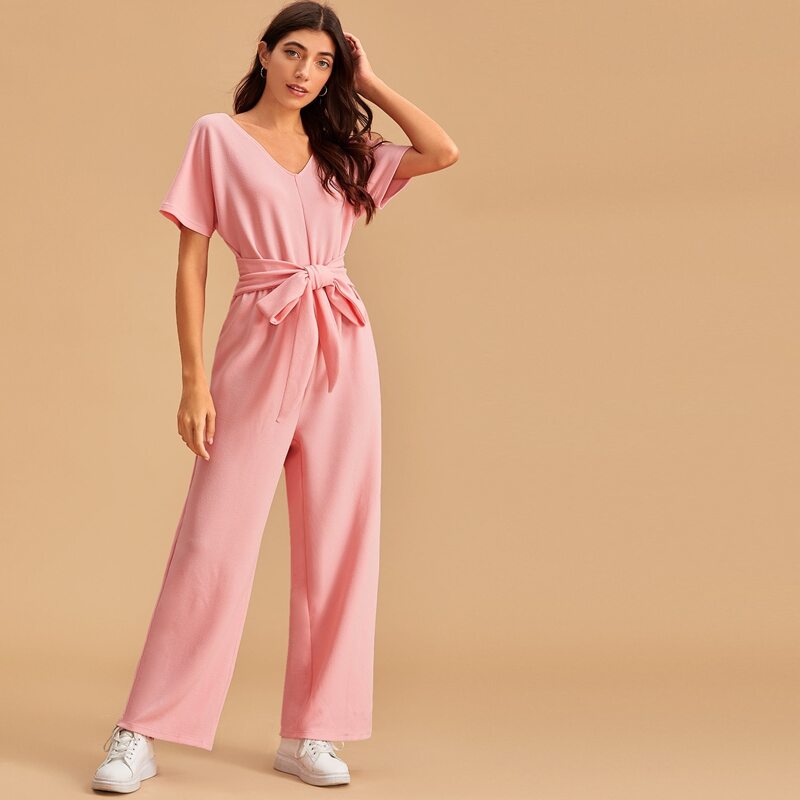 

V-neck Self Tie Wide Leg Jumpsuit, Pink