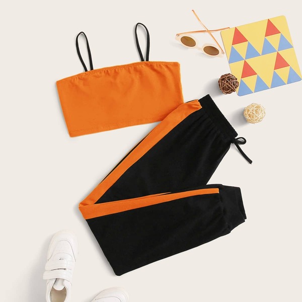 

Girls Crop Cami Top and Contrast Sideseam Joggers Set, Multicolor