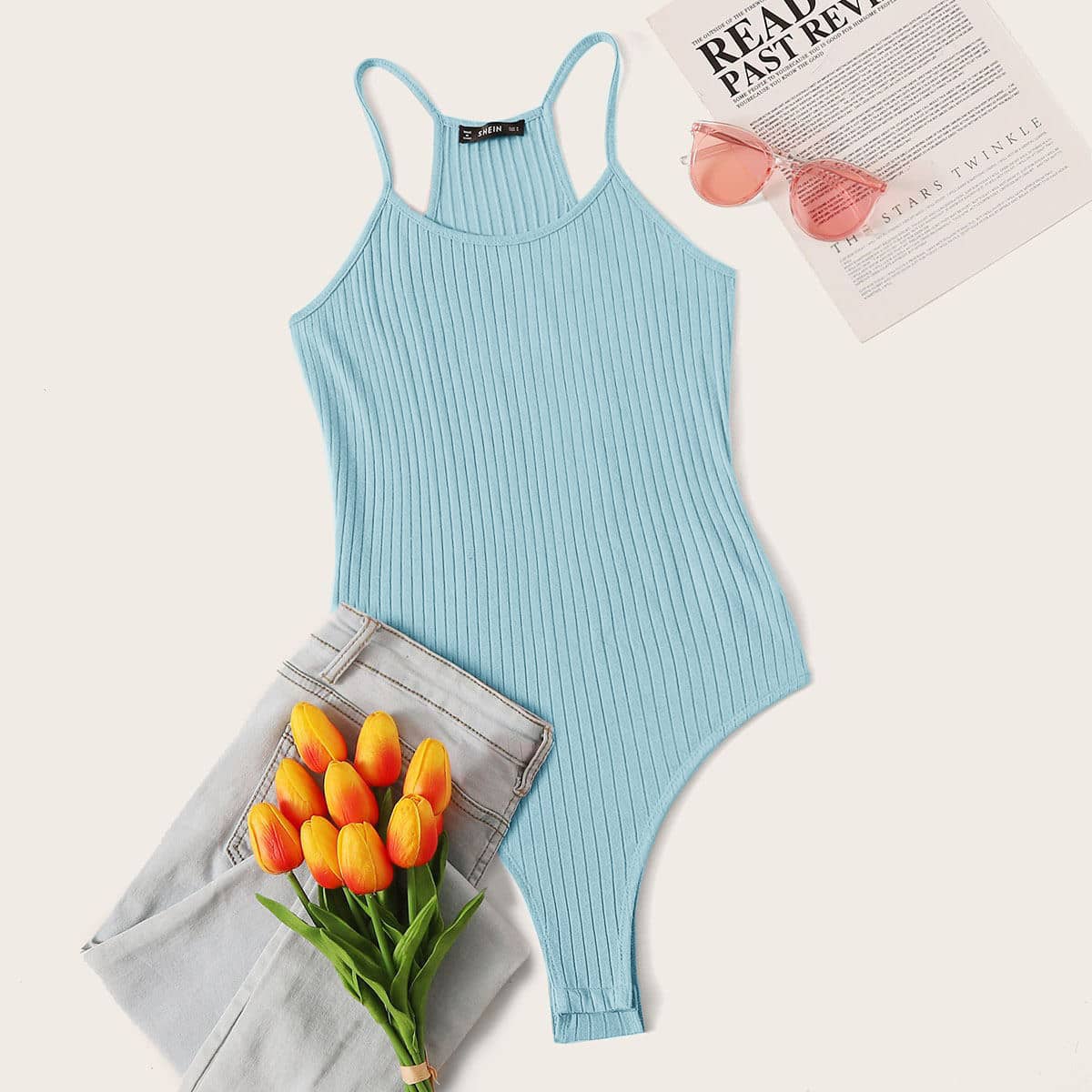 

Solid Rib-knit Cami Bodysuit, Blue pastel
