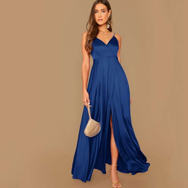 

Zip Back Wrap Hem Satin Cami Dress, Blue