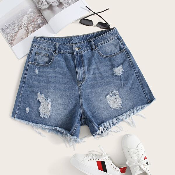 

Plus Ripped Raw Hem Denim Shorts, Blue