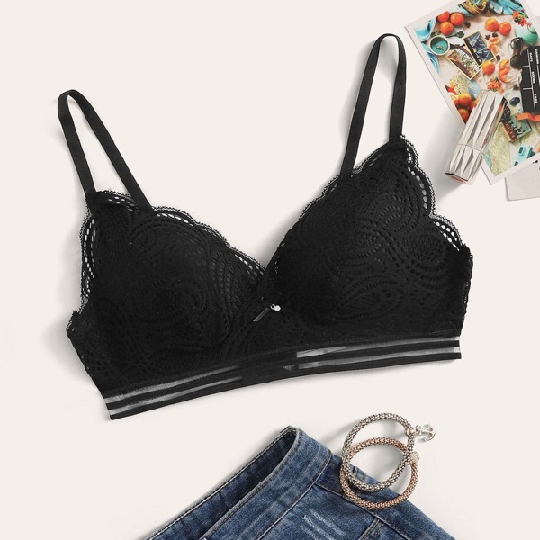 

Contrast Mesh Lace Bra, Black