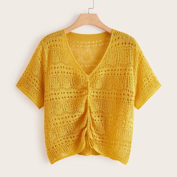 

Plus Drawstring Ruched V-neck Open Knit Top, Yellow