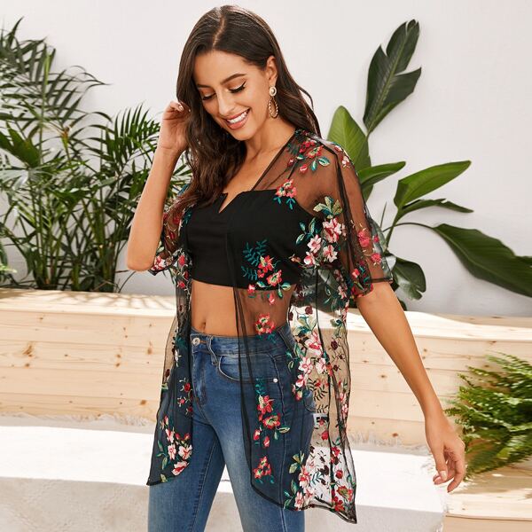 

Open Front Embroidery Mesh Sheer Kimono, Black