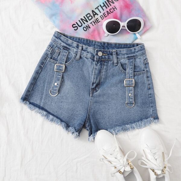 

Raw Hem Straps Denim Shorts, Blue