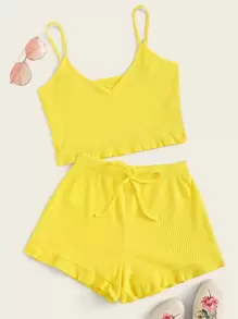 Top de tirante bajo fruncido de canalé con shorts - Amarillo - Ver 1