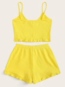 Top de tirante bajo fruncido de canalé con shorts - Amarillo - Ver 2