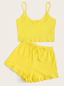 Top de tirante bajo fruncido de canalé con shorts - Amarillo - Ver 3