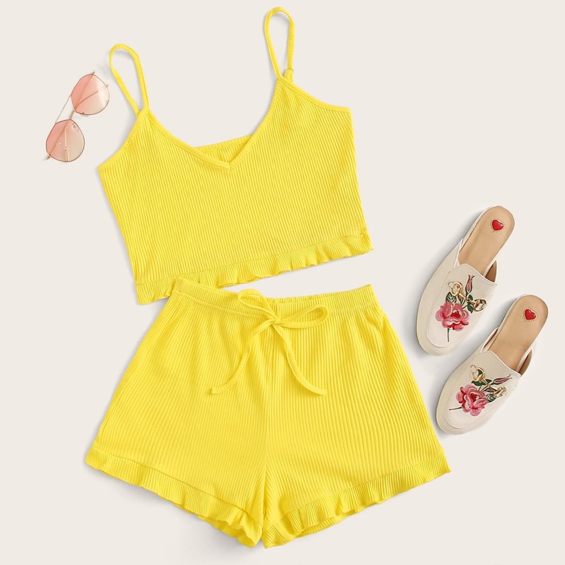 

Ribbed Ruffle Hem Cami Top With Shorts, Yellow bright