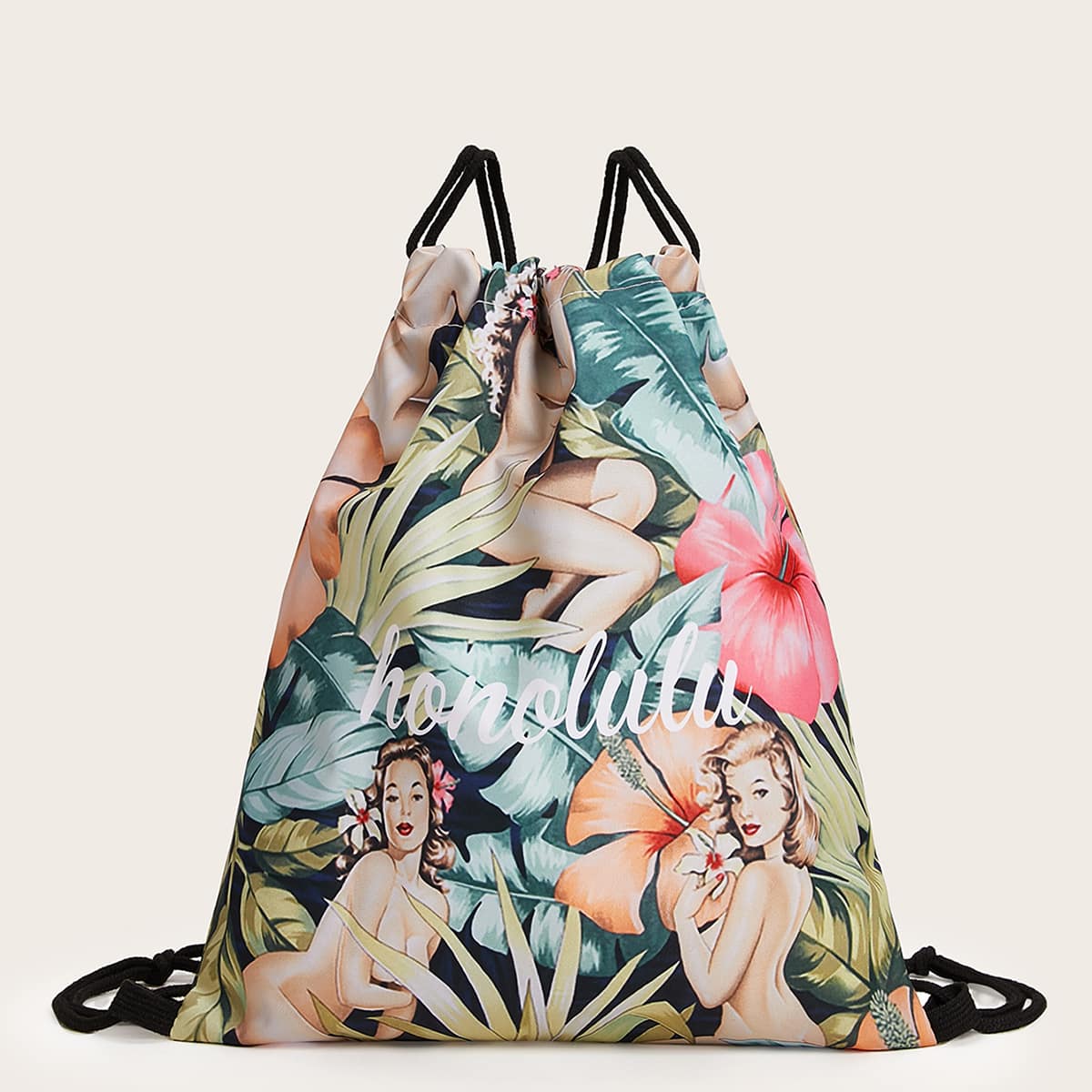 

Figure & Tropical Print Drawstring Backpack, Multicolor
