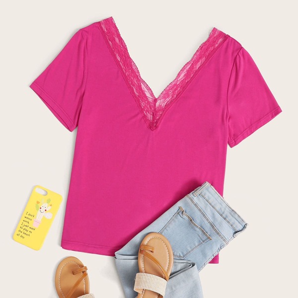 

Plus Double V-Neck Lace Trim Top, Bright pink