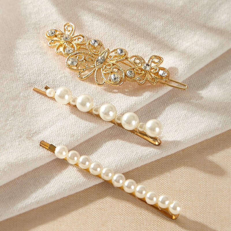 

3pcs Faux Pearl & Rhinestone Engraved Hair Clip, Gold